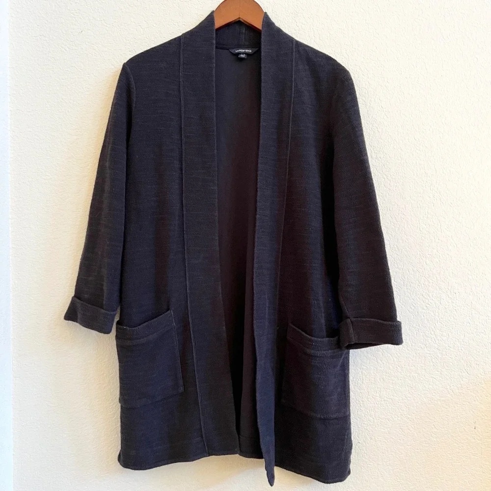 Lands End Thick Terrycloth Black Knit Open Front‎ Cardigan Sweater Size 14 16